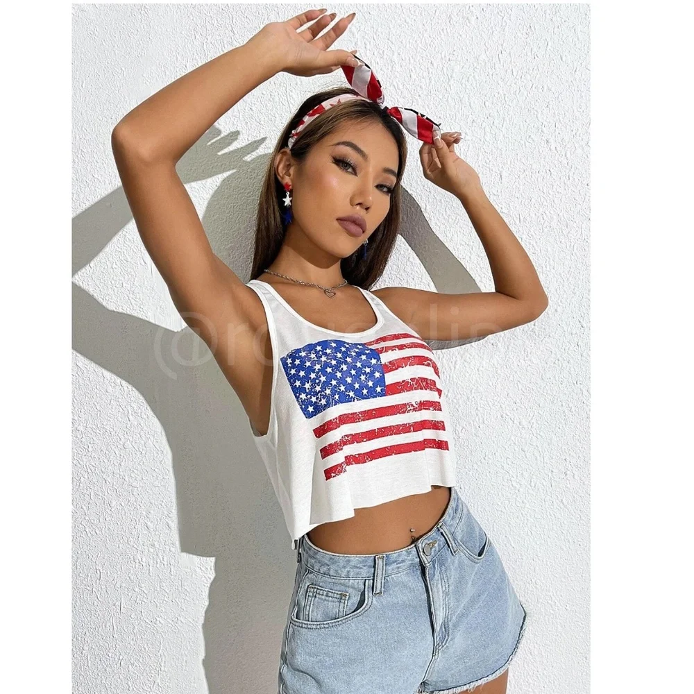 American Flag White Tank Top Crop Raw Hem Stripes Stars United States - Picture 6 of 16